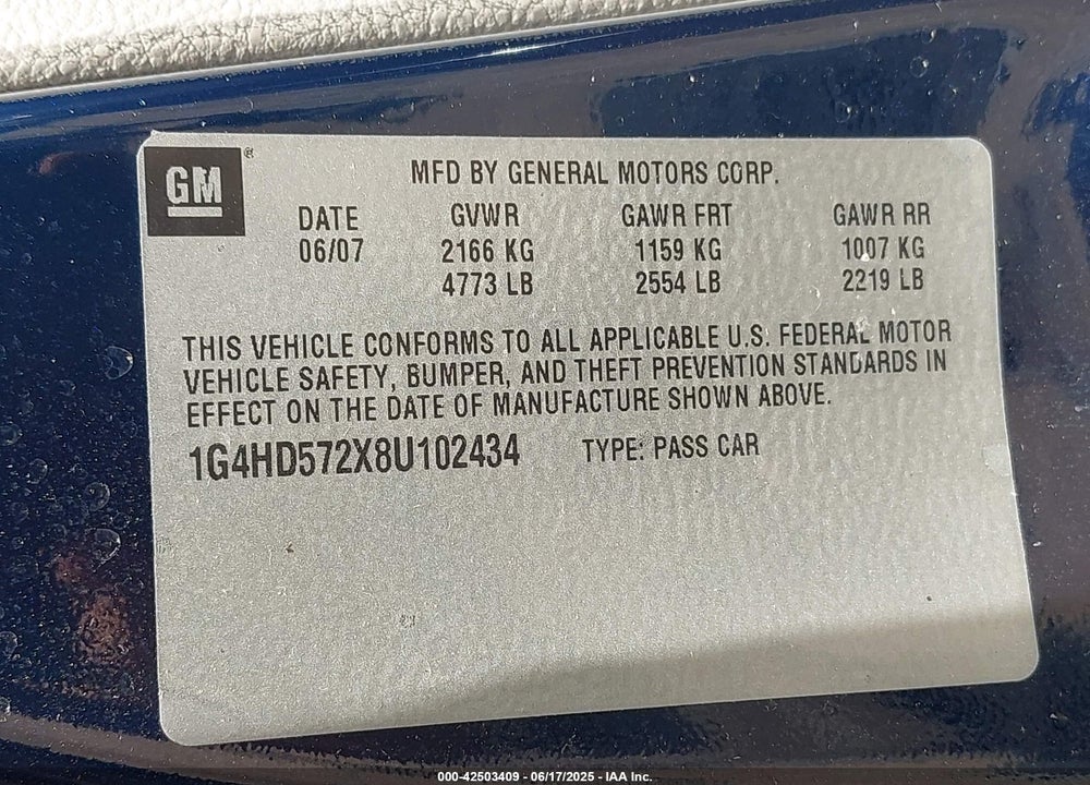 2008 BUICK LUCERNE CXL VIN: 1G4HD572X8U102434