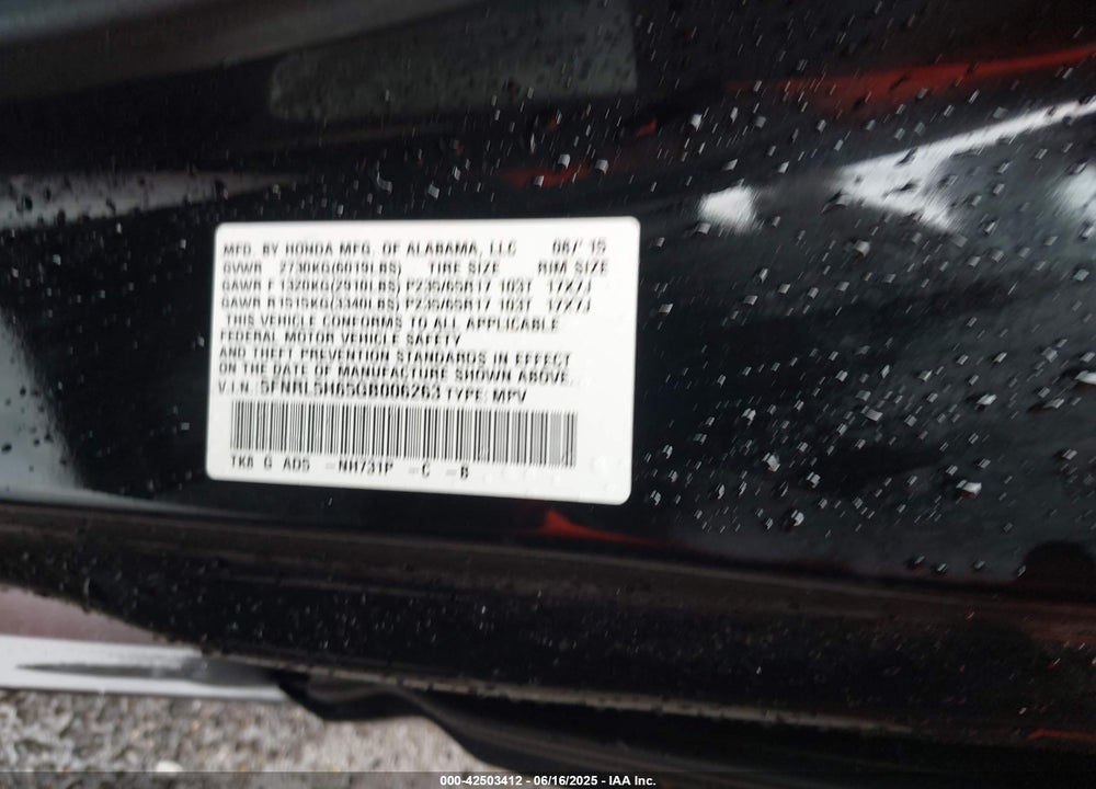 2016 HONDA ODYSSEY EX-L VIN: 5FNRL5H65GB006263