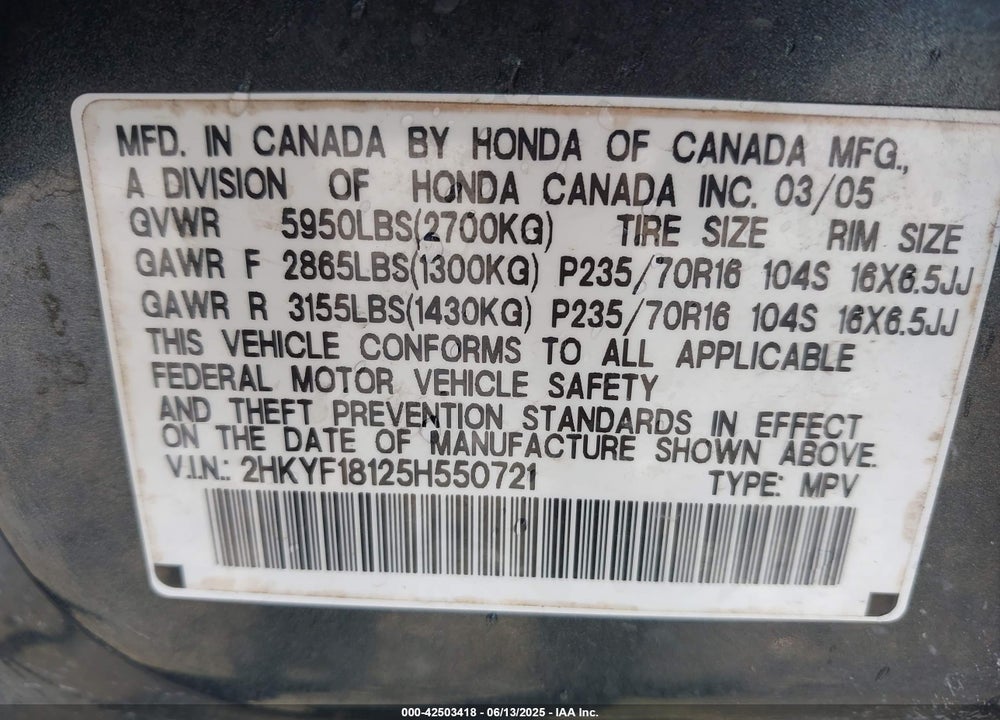 2005 HONDA PILOT VIN: 2HKYF18125H550721
