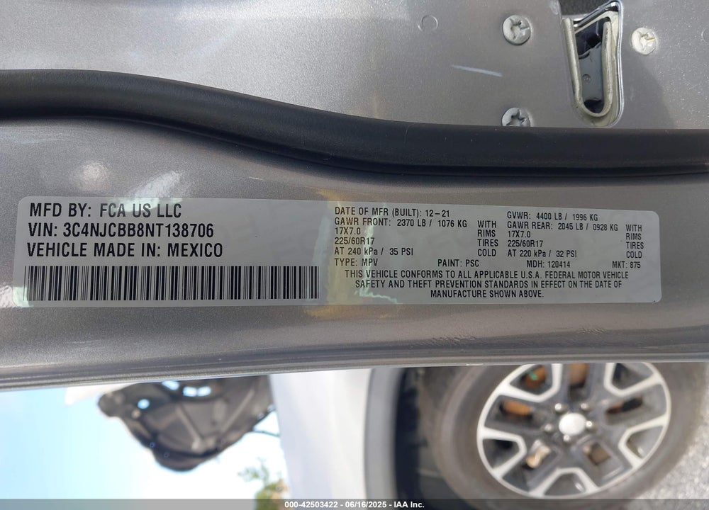 2022 JEEP COMPASS VIN: 3C4NJCBB8NT138706