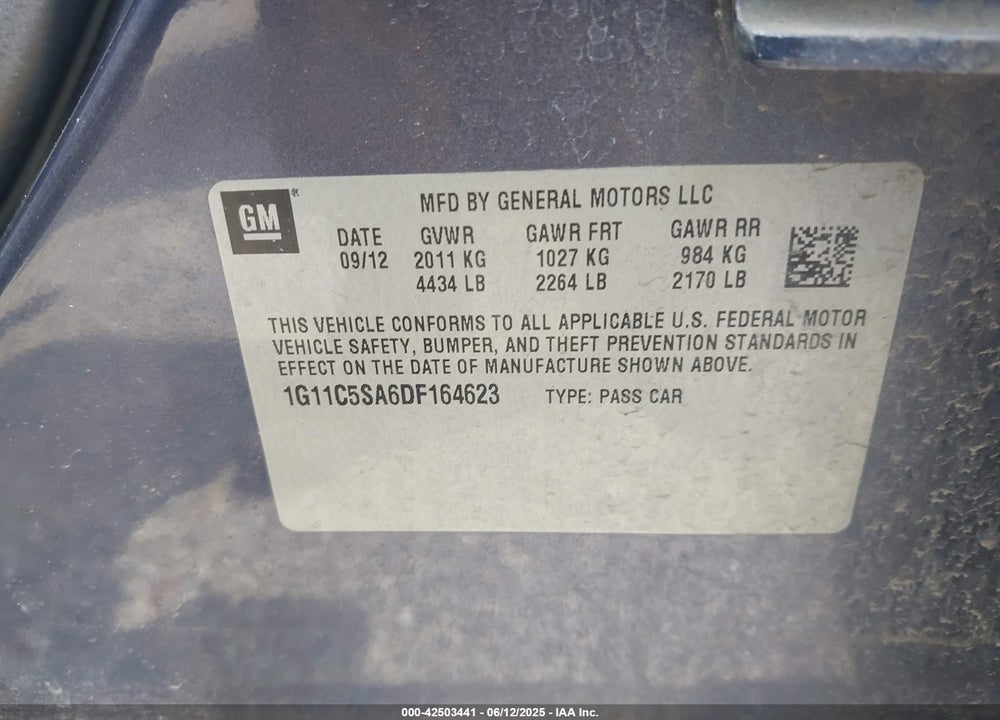 2013 CHEVROLET MALIBU VIN: 1G11C5SA6DF164623