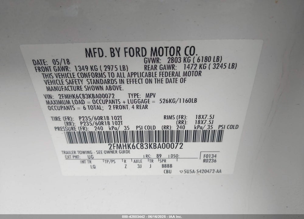 2019 FORD FLEX SEL VIN: 2FMHK6C83KBA00072