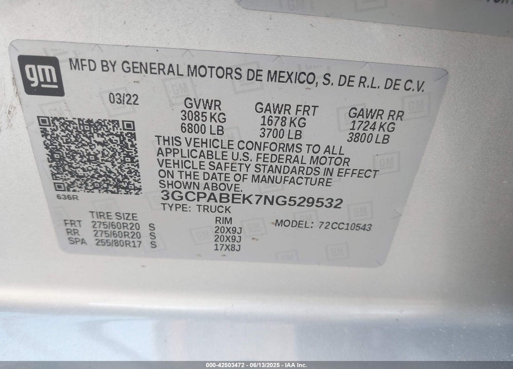 2022 CHEVROLET SILVERADO 1500 VIN: 3GCPABEK7NG529532