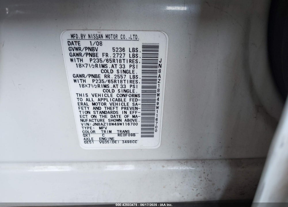 2009 NISSAN MURANO VIN: JN8AZ18W49W116700