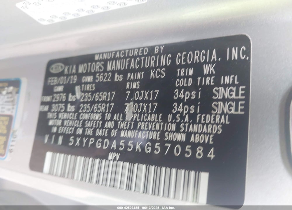 2019 KIA SORENTO 3.3L LX VIN: 5XYPGDA55KG570584
