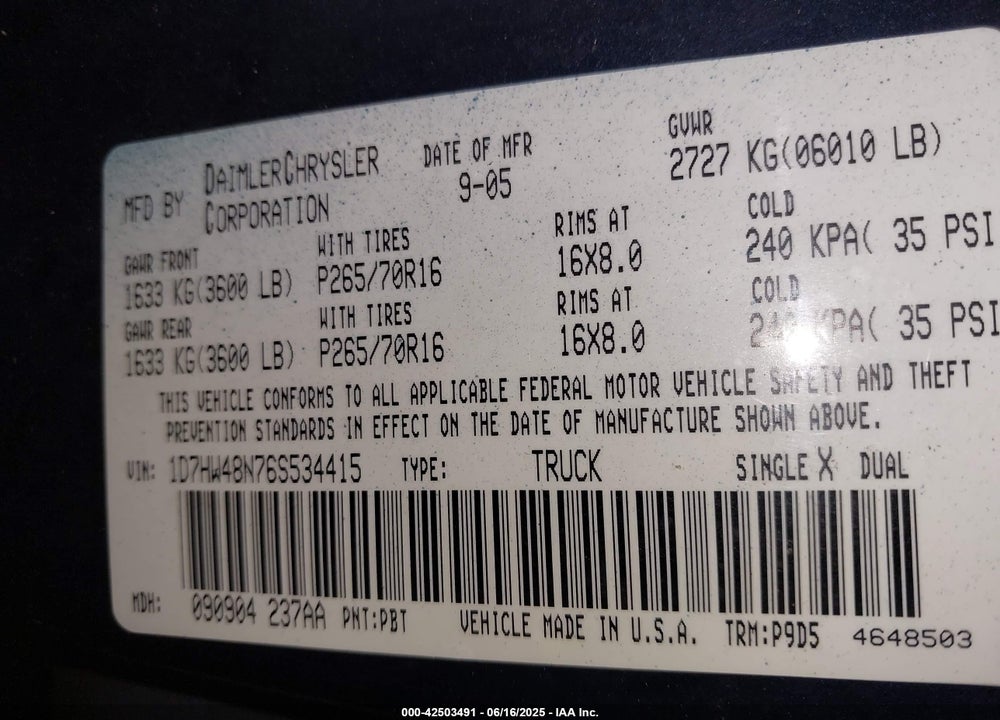 2006 DODGE DAKOTA SLT VIN: 1D7HW48N76S534415