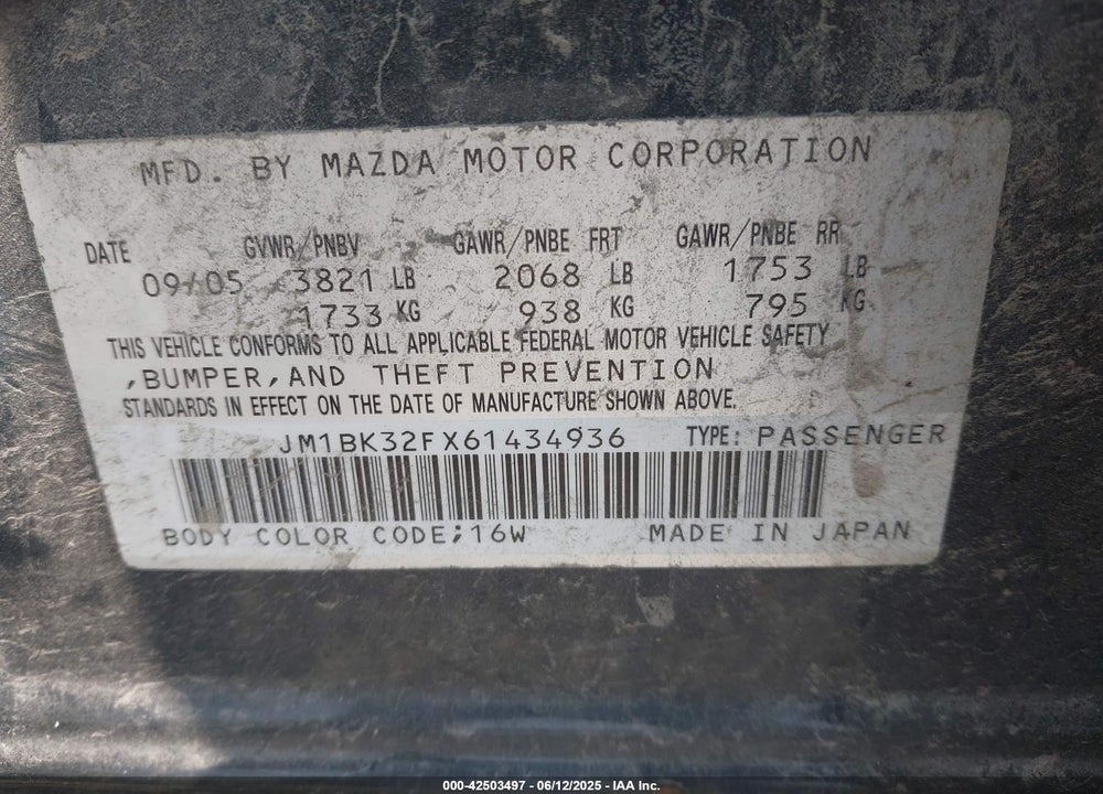 2006 MAZDA 3 I VIN: JM1BK32FX61434936