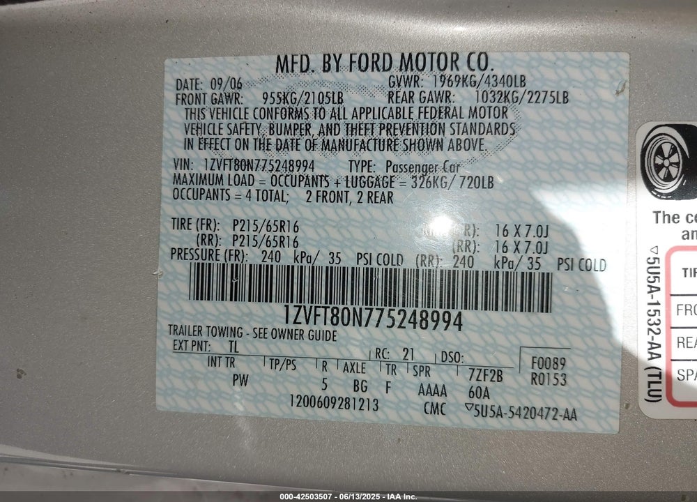 2007 FORD MUSTANG V6 DELUXE/V6 PREMIUM VIN: 1ZVFT80N775248994