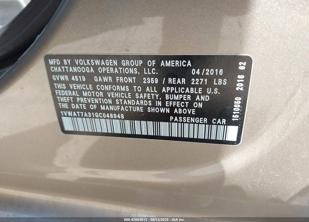 2016 VOLKSWAGEN PASSAT VIN: 1VWAT7A31GC048948