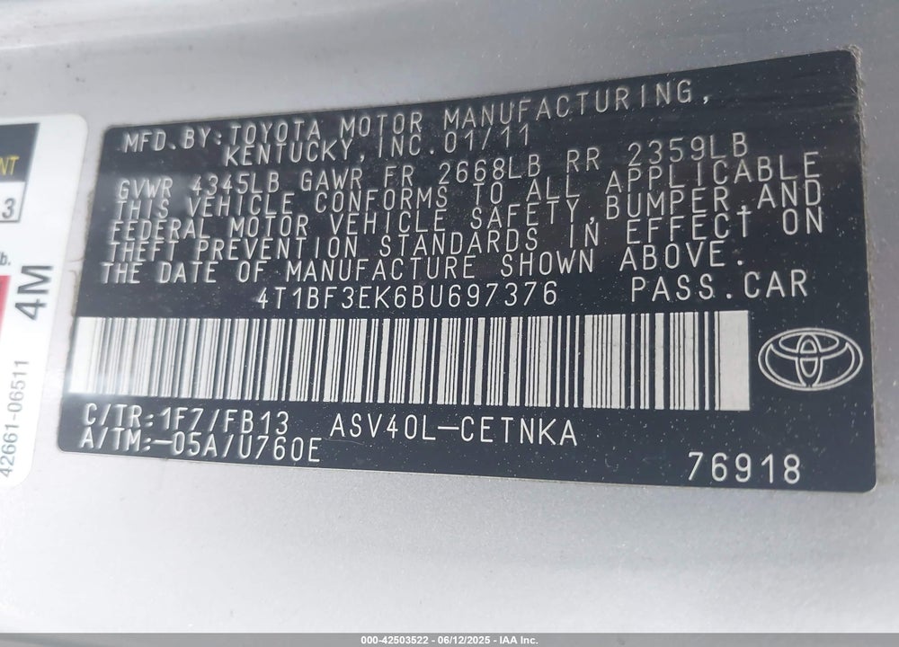 2011 TOYOTA CAMRY VIN: 4T1BF3EK6BU697376