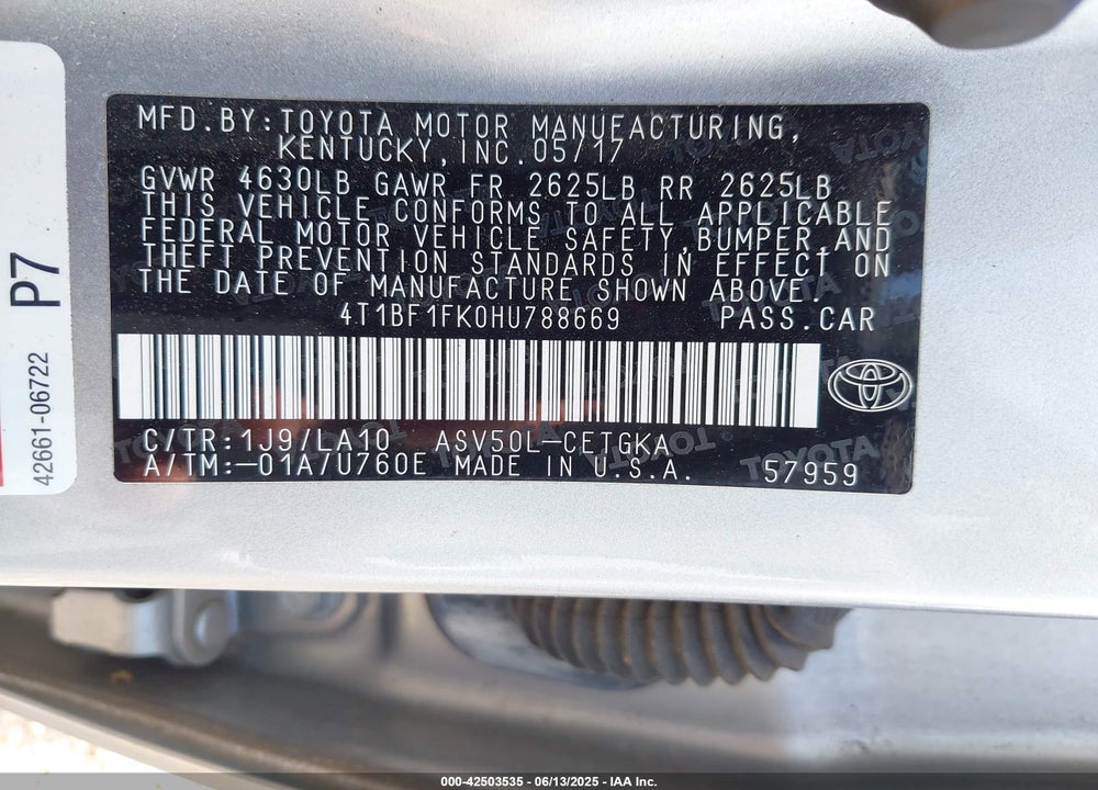 2017 TOYOTA CAMRY VIN: 4T1BF1FK0HU788669