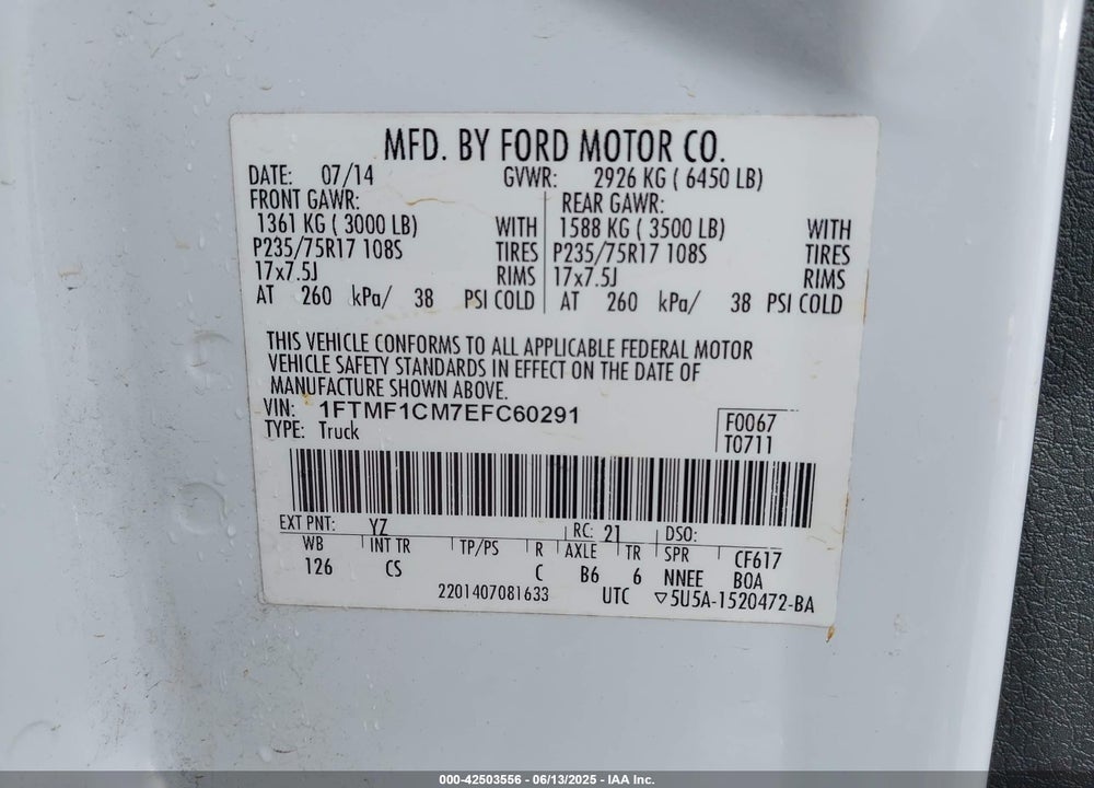 2014 FORD F-150 XL VIN: 1FTMF1CM7EFC60291