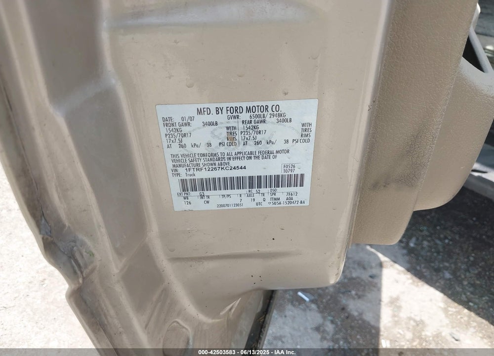 2007 FORD F-150 STX/XL/XLT VIN: 1FTRF12267KC24544