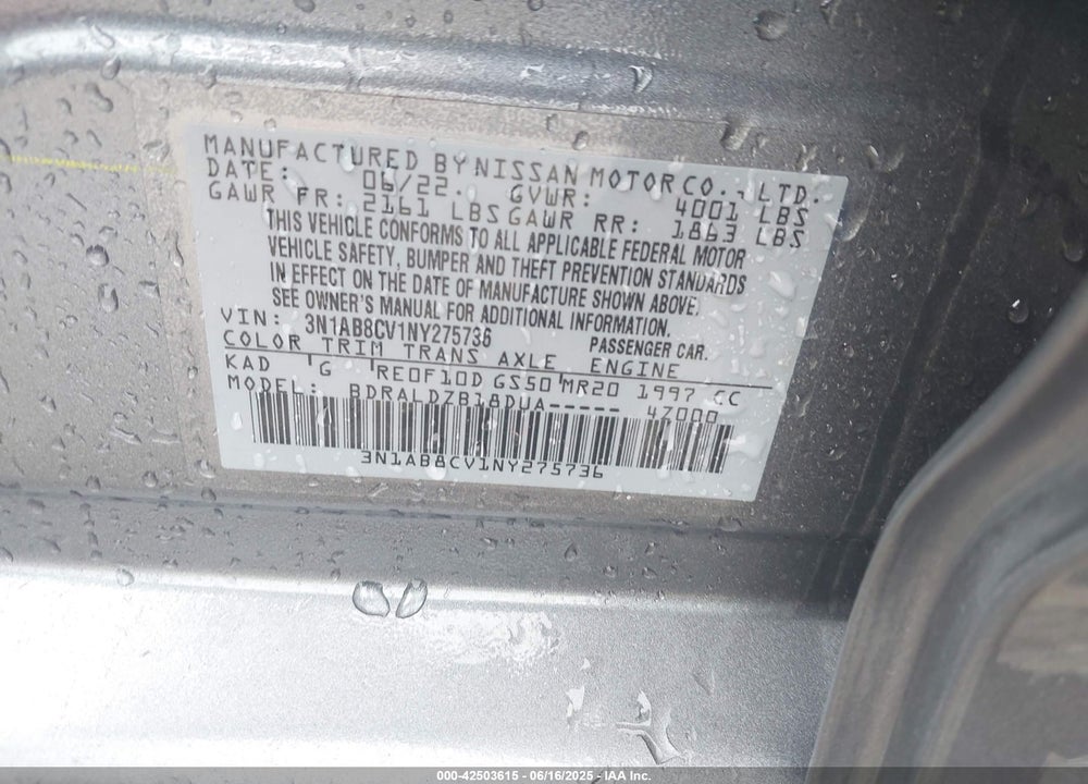 2022 NISSAN SENTRA VIN: 3N1AB8CV1NY275736