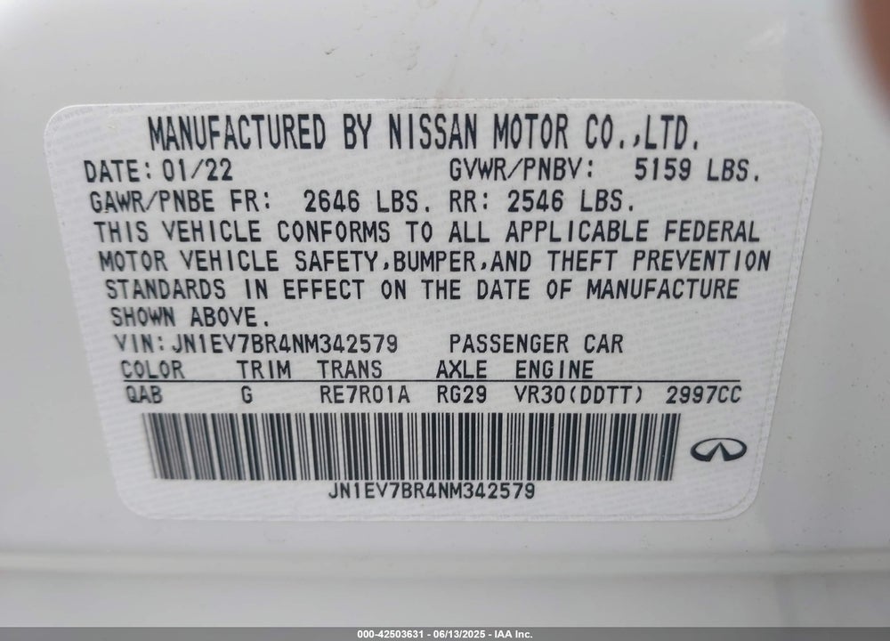 2022 INFINITI Q50 VIN: JN1EV7BR4NM342579