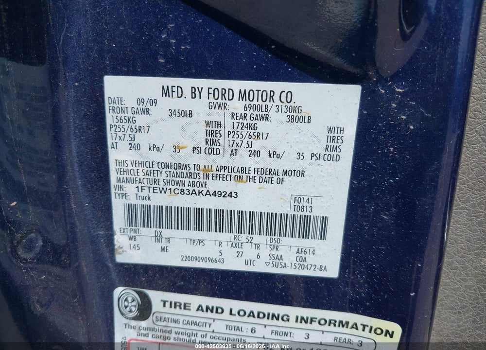 2010 FORD F-150 VIN: 1FTEW1C83AKA49243