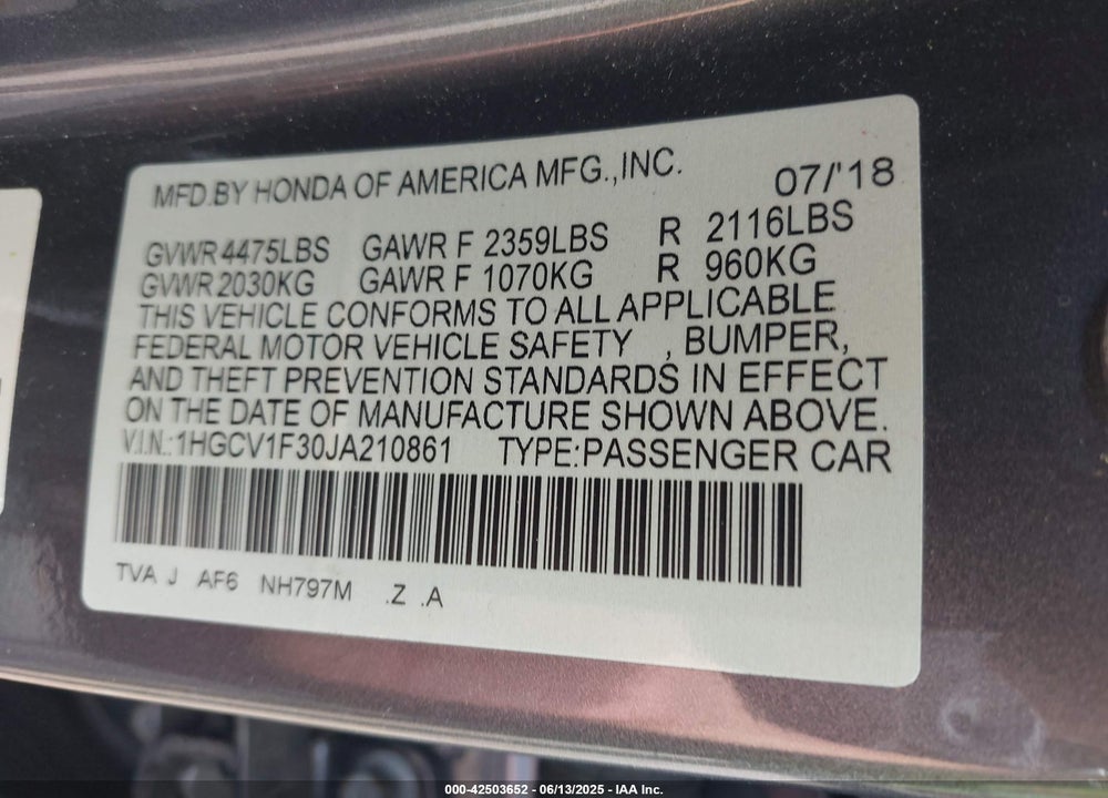 2018 HONDA ACCORD VIN: 1HGCV1F30JA210861