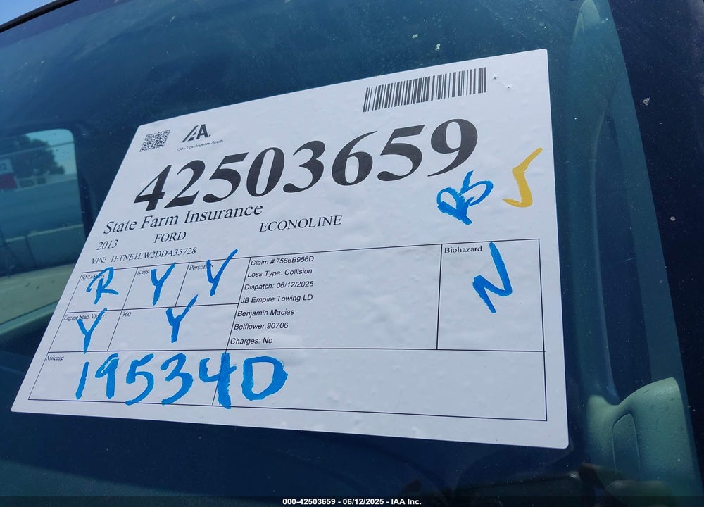 2013 FORD E-150 COMMERCIAL VIN: 1FTNE1EW2DDA35728