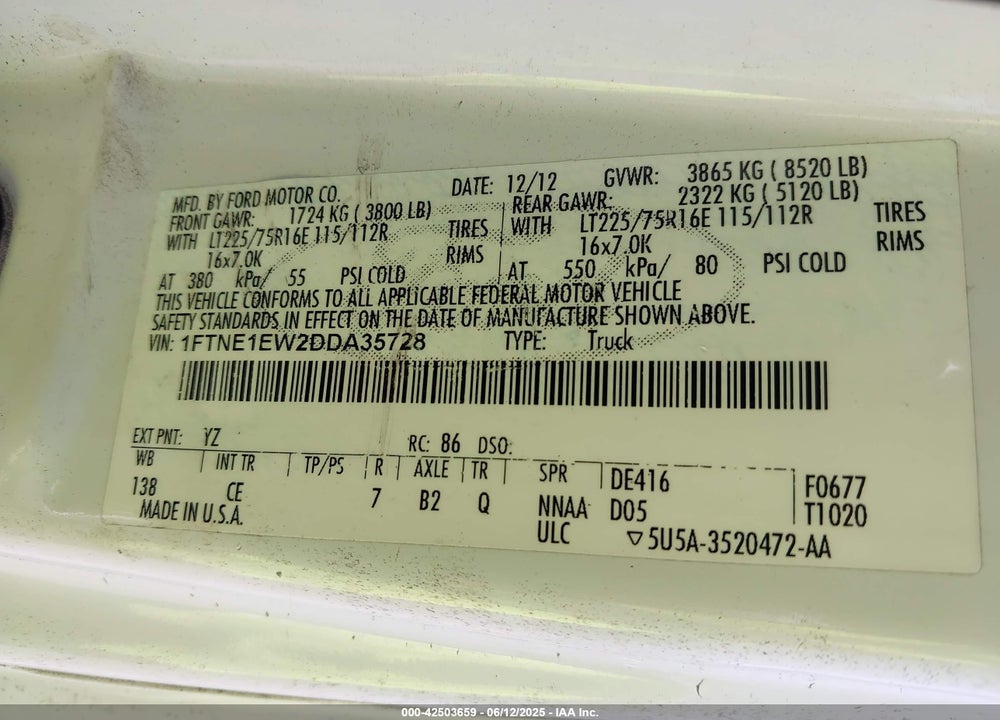 2013 FORD E-150 COMMERCIAL VIN: 1FTNE1EW2DDA35728