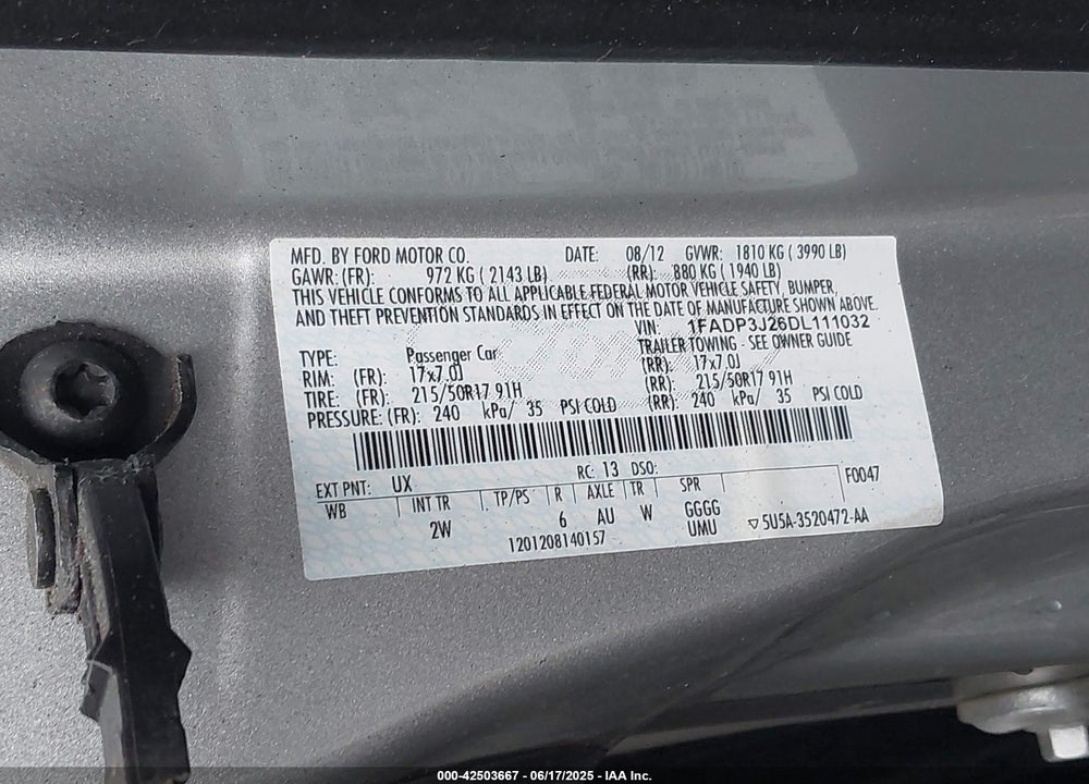 2013 FORD FOCUS VIN: 1FADP3J26DL111032