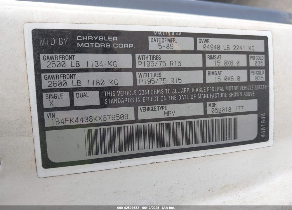 1989 DODGE GRAND CARAVAN SE VIN: 1B4FK4438KX676509