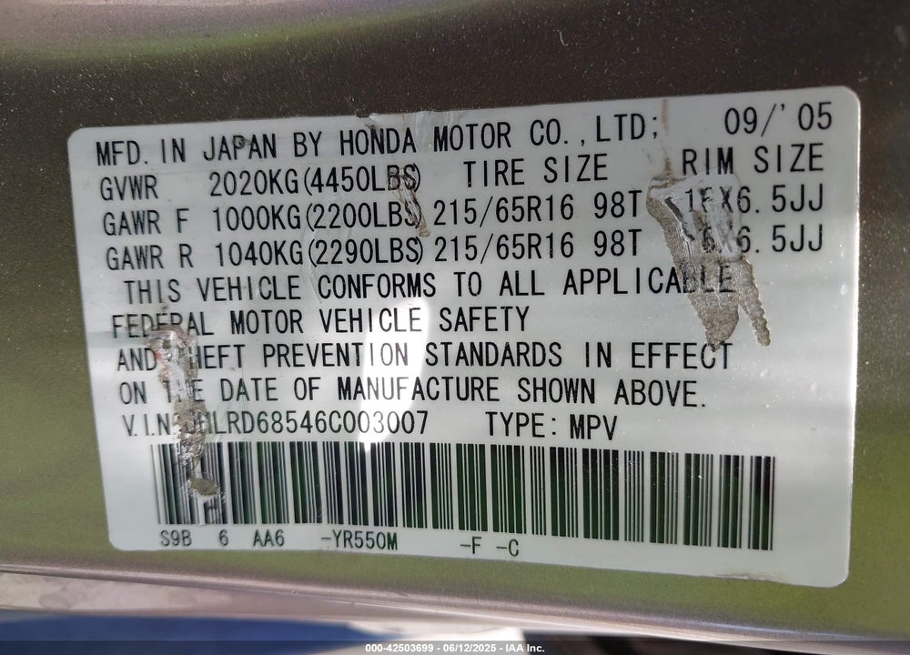 2006 HONDA CR-V VIN: JHLRD68546C003007