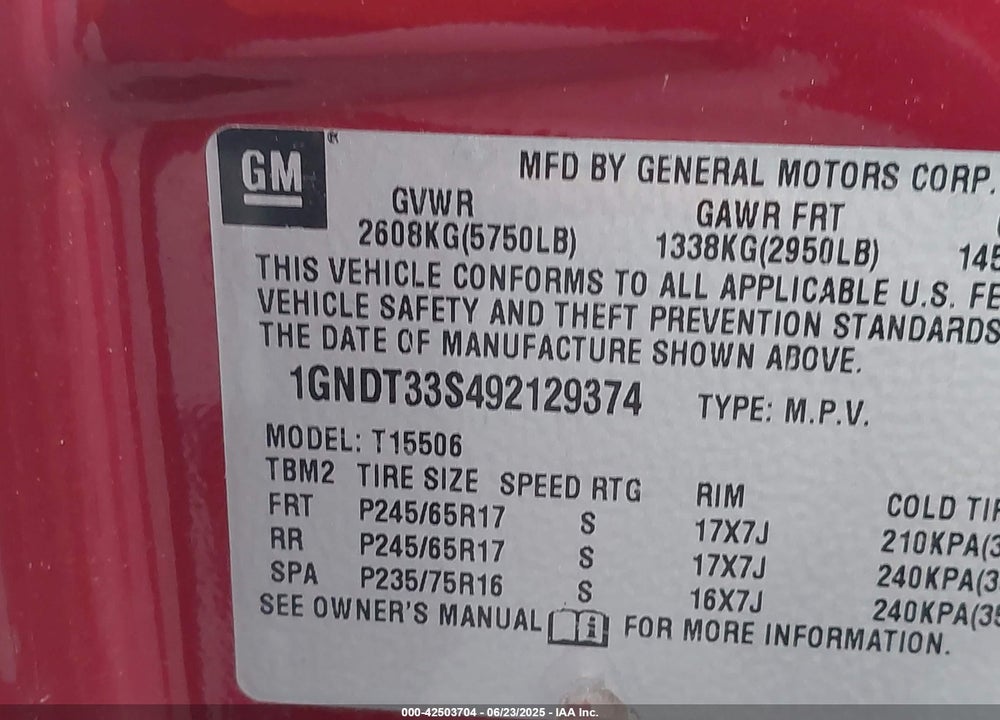 2009 CHEVROLET TRAILBLAZER VIN: 1GNDT33S492129374