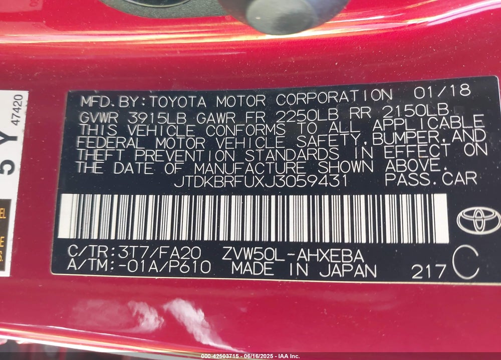 2018 TOYOTA PRIUS TWO VIN: JTDKBRFUXJ3059431