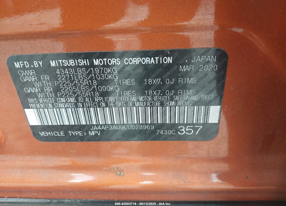 2020 MITSUBISHI OUTLANDER SPORT VIN: JA4AP3AU9LU028969