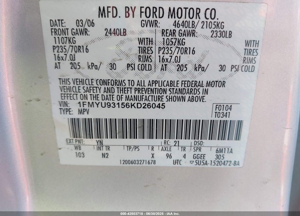 2006 FORD ESCAPE XLT/XLT SPORT VIN: 1FMYU93156KD26045