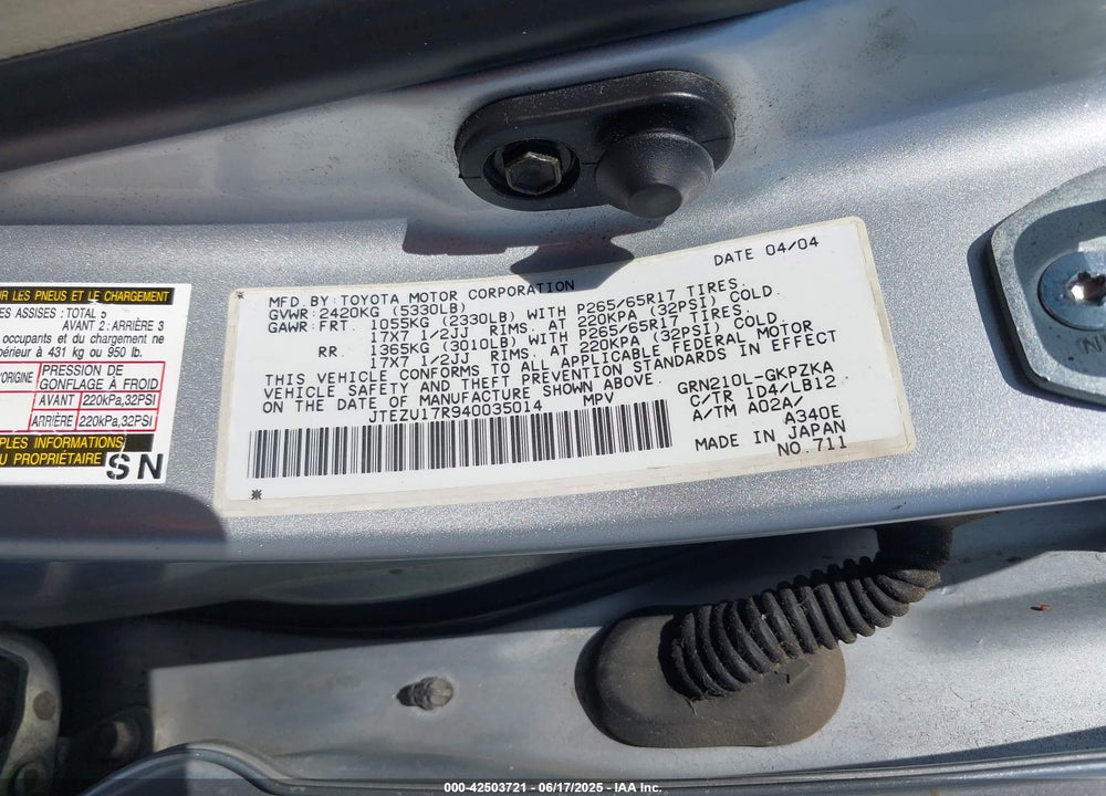 2004 TOYOTA 4RUNNER LIMITED V6 VIN: JTEZU17R940035014