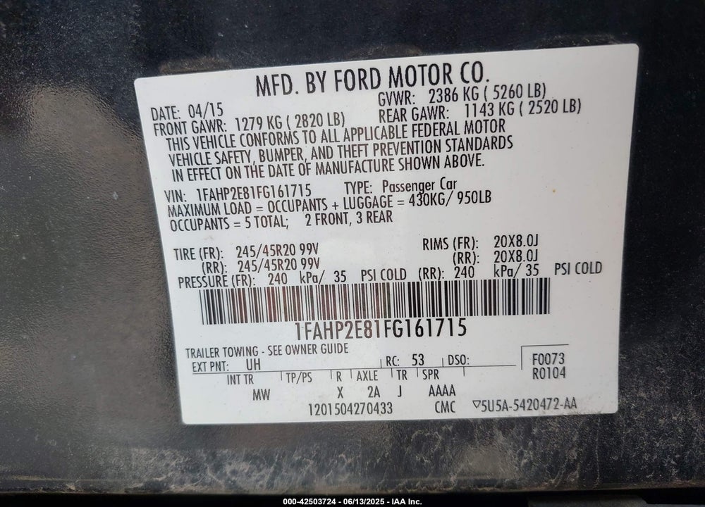 2015 FORD TAURUS VIN: 1FAHP2E81FG161715