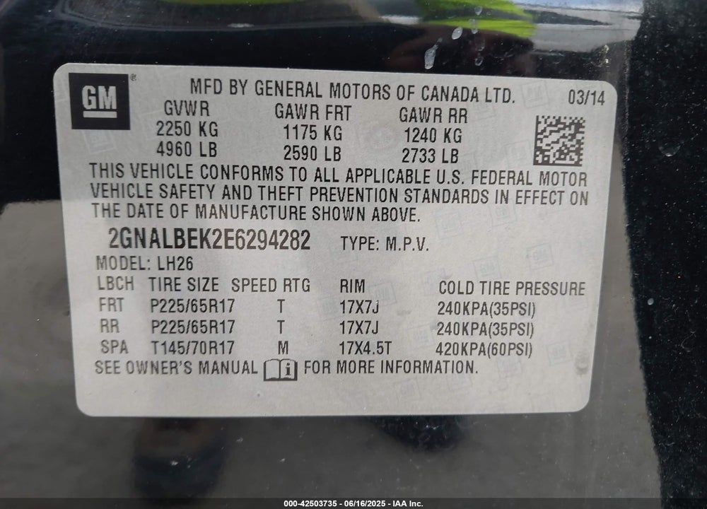 2014 CHEVROLET EQUINOX VIN: 2GNALBEK2E6294282