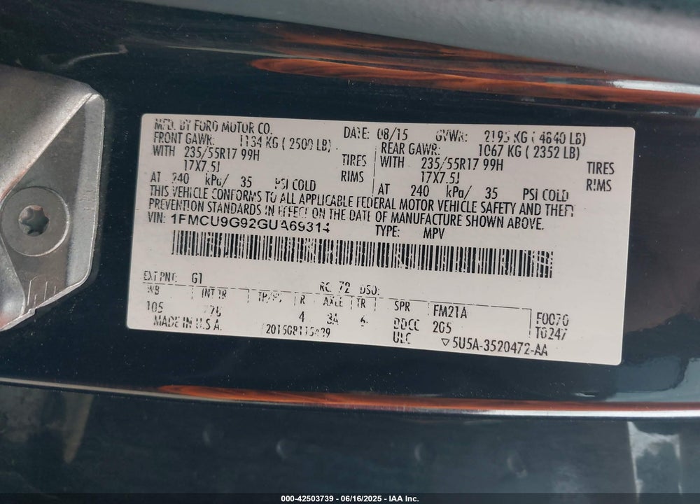 2016 FORD ESCAPE VIN: 1FMCU9G92GUA69314