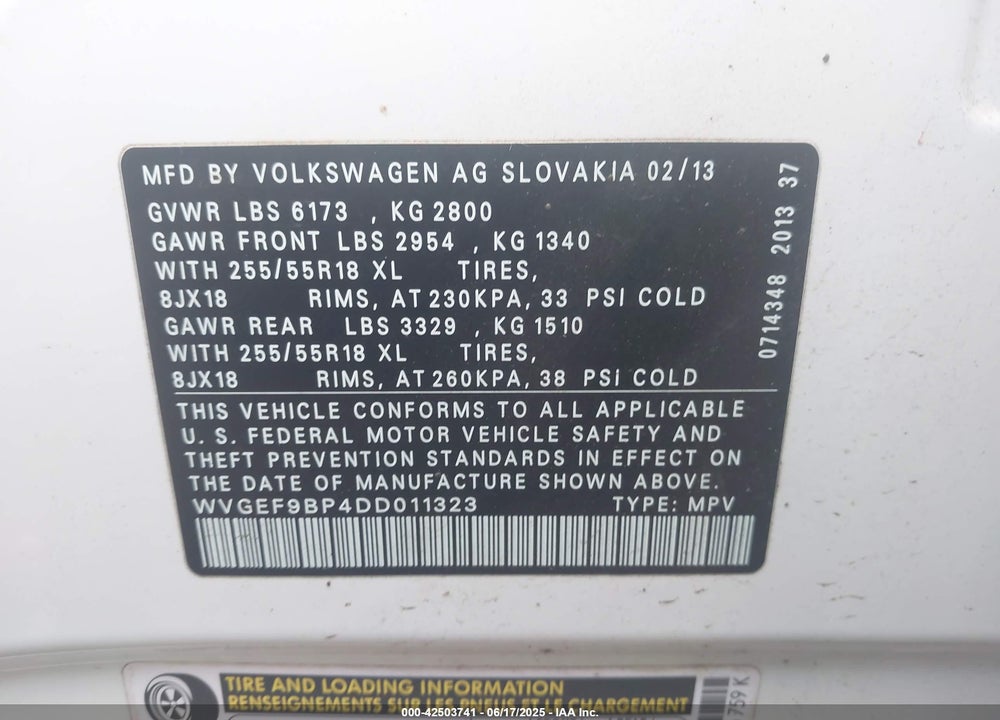 2013 VOLKSWAGEN TOUAREG VR6 SPORT VIN: WVGEF9BP4DD011323