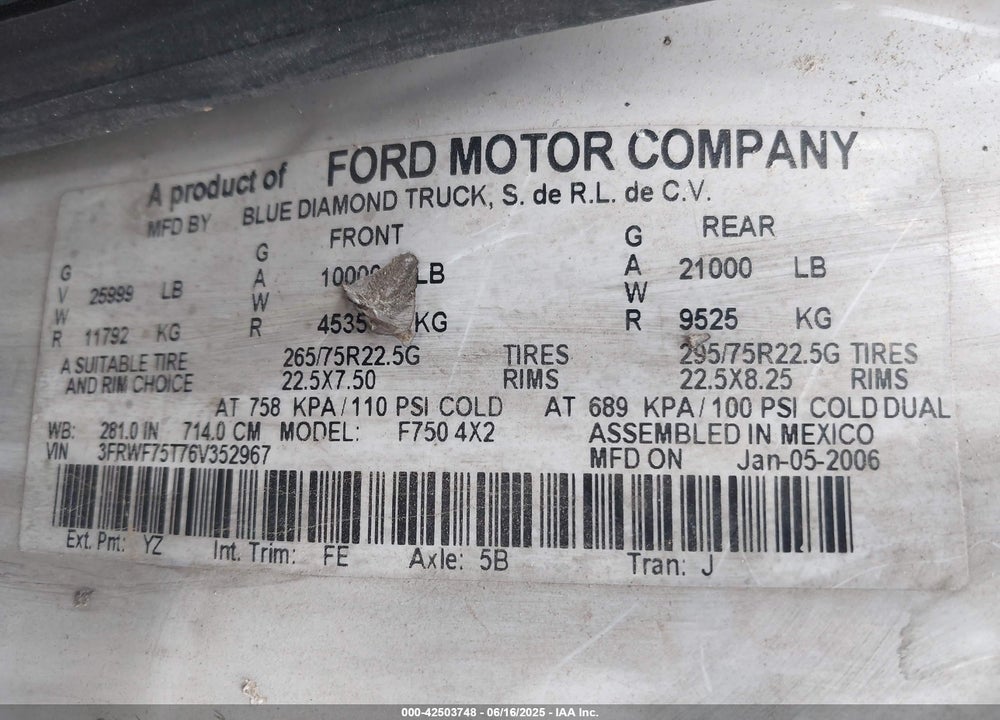 2006 FORD F-750 VIN: 3FRWF75T76V352967