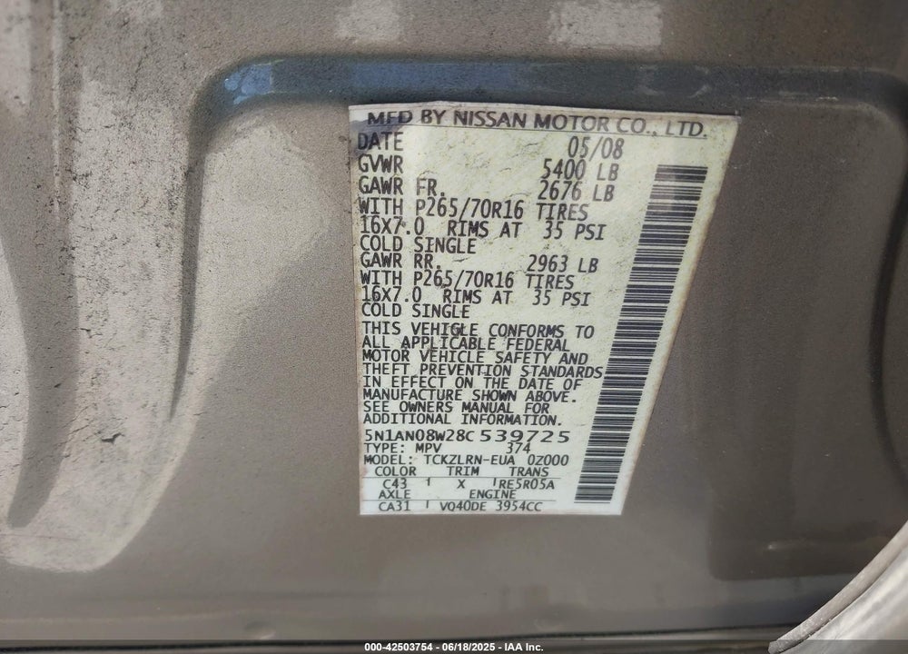 2008 NISSAN XTERRA S VIN: 5N1AN08W28C539725