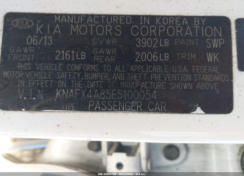 2014 KIA FORTE VIN: KNAFX4A85E5100054