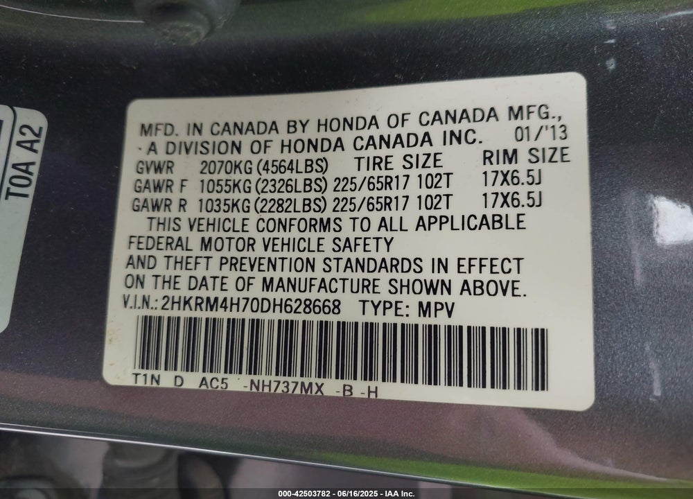 2013 HONDA CR-V VIN: 2HKRM4H70DH628668