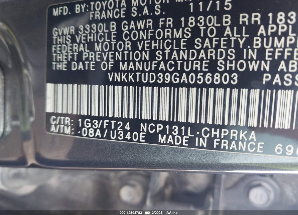 2016 TOYOTA YARIS VIN: VNKKTUD39GA056803