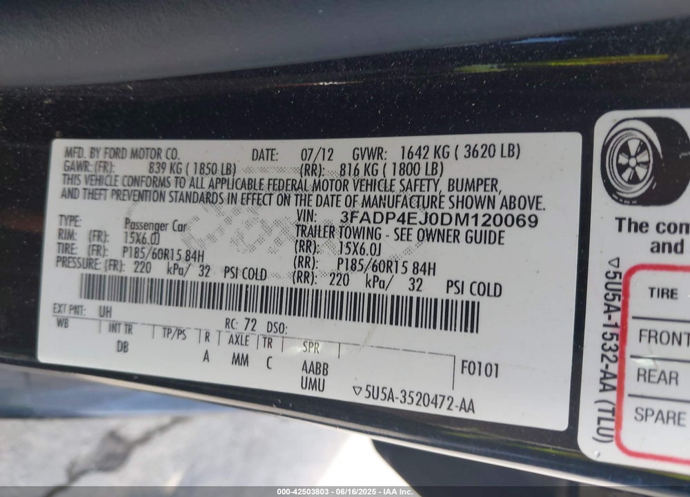 2013 FORD FIESTA SE VIN: 3FADP4EJ0DM120069