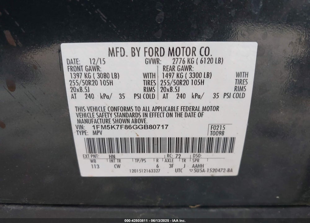 2016 FORD EXPLORER VIN: 1FM5K7F86GGB80717