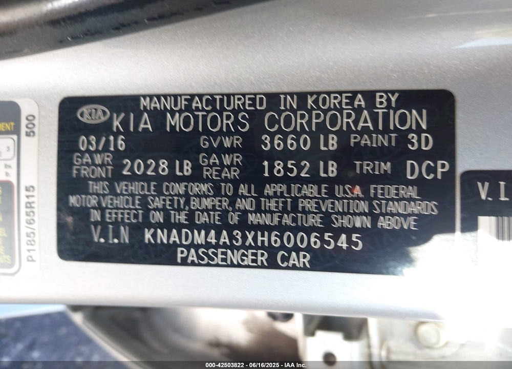 2017 KIA RIO VIN: KNADM4A3XH6006545