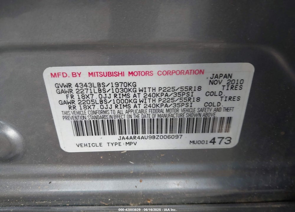 2011 MITSUBISHI OUTLANDER SPORT SE VIN: JA4AR4AU9BZ006097