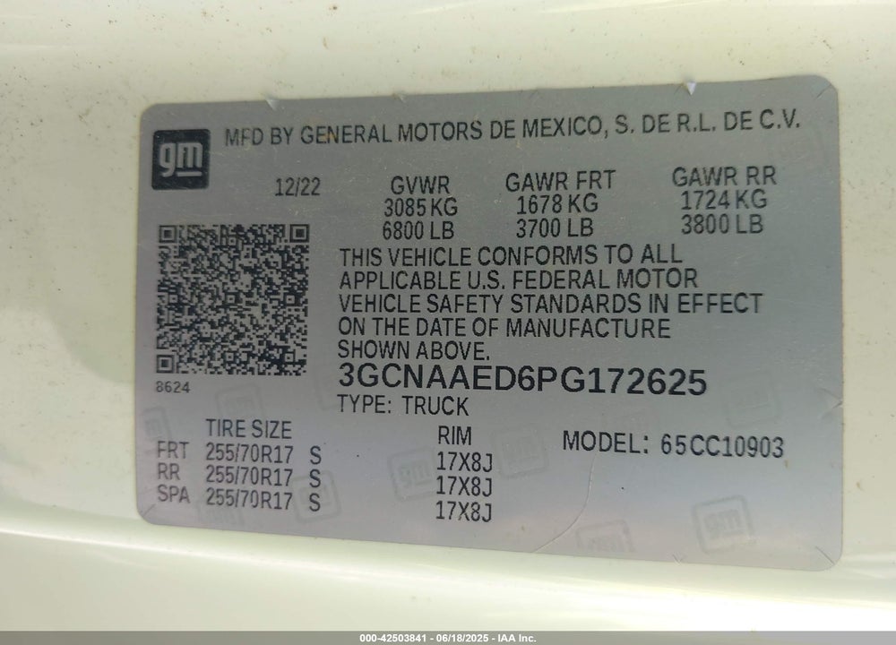 2023 CHEVROLET SILVERADO 1500 2WD LONG BED WT VIN: 3GCNAAED6PG172625