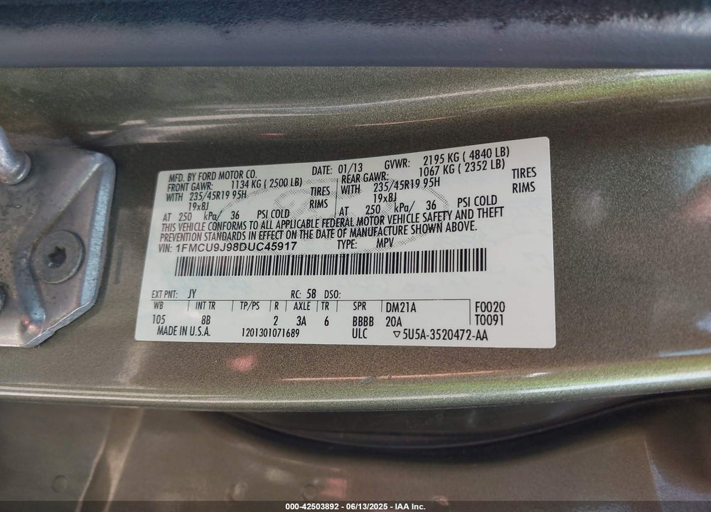2013 FORD ESCAPE VIN: 1FMCU9J98DUC45917
