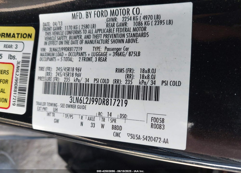 2013 LINCOLN MKZ VIN: 3LN6L2J99DR817219