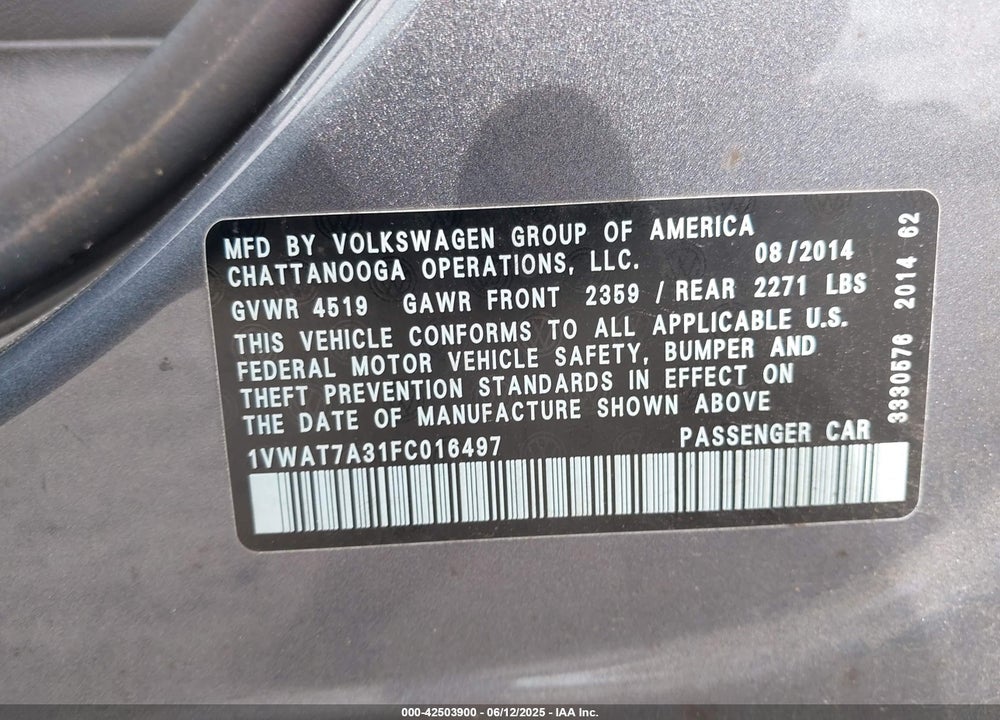 2015 VOLKSWAGEN PASSAT VIN: 1VWAT7A31FC016497