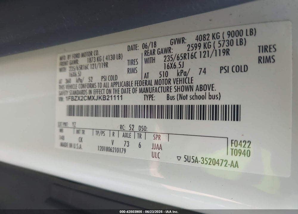 2018 FORD TRANSIT-350 XLT VIN: 1FBZX2CMXJKB21111