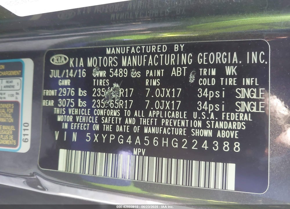 2017 KIA SORENTO VIN: 5XYPG4A56HG224388